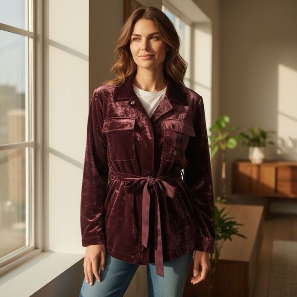 Crushed Velvet Utility Jacket M Berry Glam Boho Chic Holiday Christmas Grunge - Picture 1 of 12